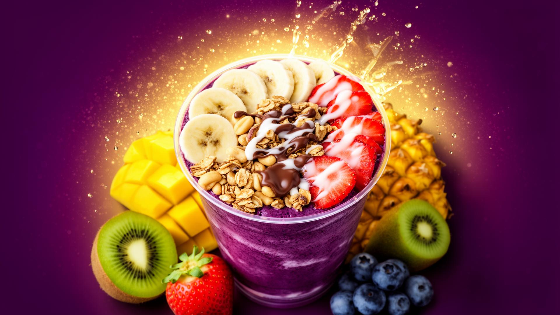 Bowl de açaí premium com banana, morango, granola e calda de chocolate